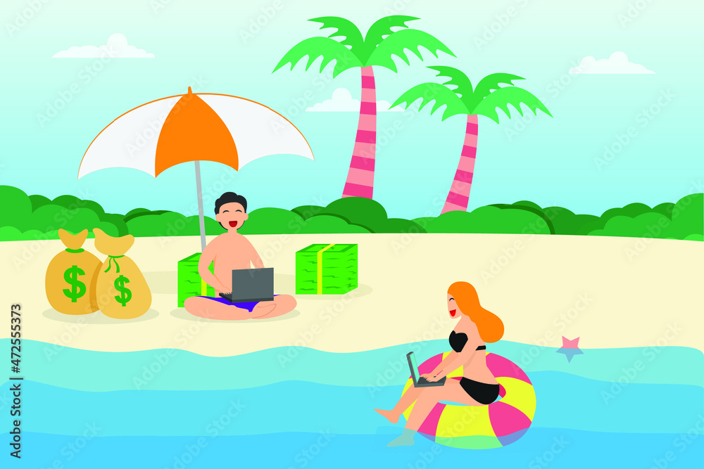 Content creator vector concept. Young couple using a laptop while enjoying holiday on the beach