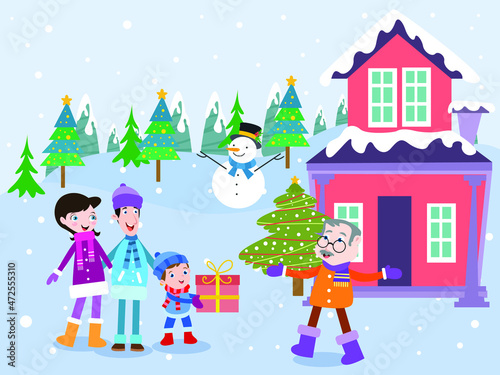 Christmas vector concept. Happy young family giving gifts to grandfather while standing in the front of house