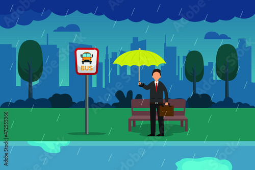 Rainy season vector concept. Young businessman waiting the bus in rainy day while holding umbrella