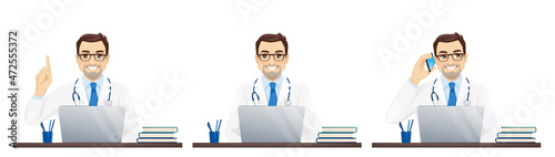 Male doctor using laptop computer sitting at the desk isolated vector illustration