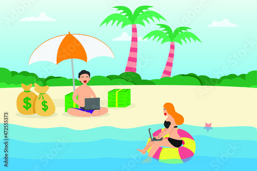 Content creator vector concept. Young couple using a laptop while enjoying holiday on the beach