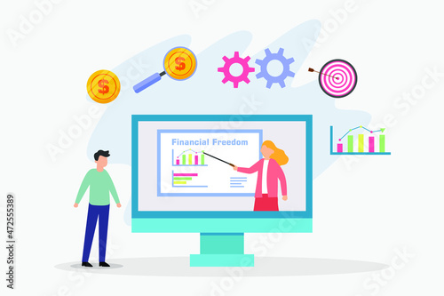 Financial freedom vector concept. Young man looking at financial freedom on the monitor