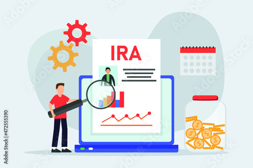 Retirement investment vector concept. Young man using a magnifying glass to checking IRA account on the laptop