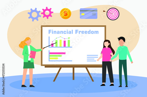 Financial freedom vector concept. Businesswoman pointing at growth chart on the whiteboard while explaining about financial freedom to young couple