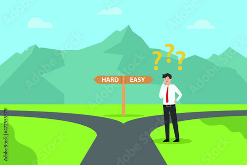 Business choice vector concept. Businessman looks confused while standing between hard or easy directions on the road