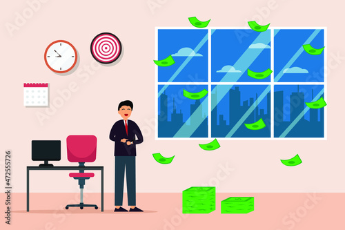 Overtime pay vector concept. Happy businessman showing a wristwatch while standing under falling money in the office