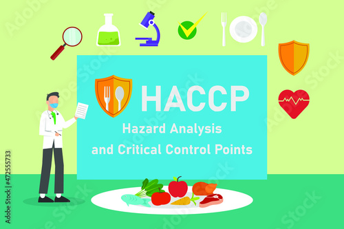 Food safety vector concept. Male doctor holding a clipboard while standing with acronym of HACCP word