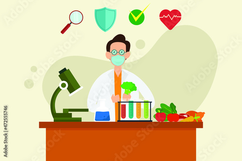 Food safety vector concept. Male scientist using microscope while checking vegetables in the laboratory