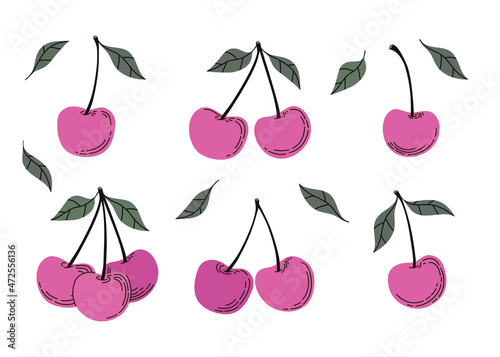 Set of cherries. Cartoon style colorful hand drawn  vector illustration