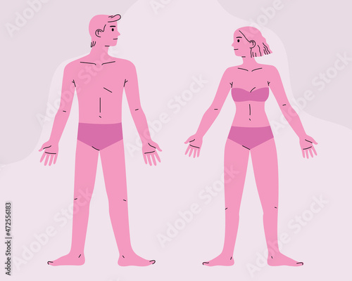Male and female bodies in underwear, front view. Man and woman standing. Hand drawn vector colorful funny cartoon style illustration