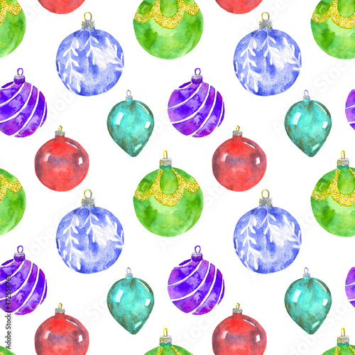 Beautiful Watercolor picture of Christmas tree decorations. Hand-drawn Multicolor balls seamless pattern. Creative background for gift wrapping, fabric, postcards.