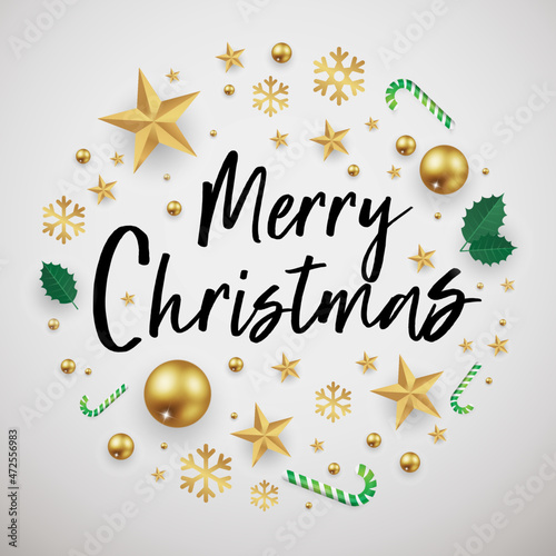 Christmas greeting card with Calligraphic Season Wishes and Composition of Festive Elements such as snow flakes, leaf, candy and star