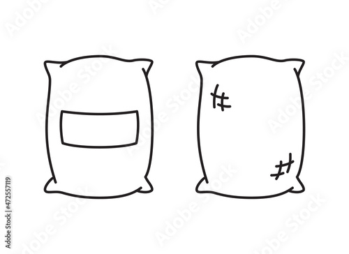 Textile bag with label. Linear icon of packing of cement, potatoes, grain, soil. Outline simple vector. Contour isolated pictogram on white background