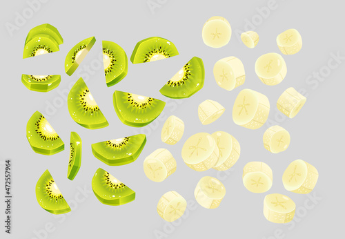 kiwi and banana slices set vector illustration on isolated background
