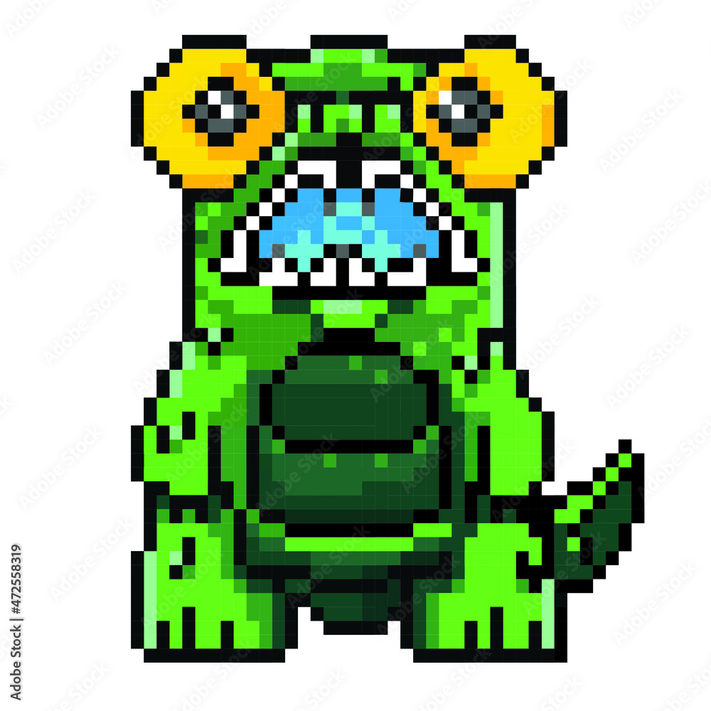 cartoon vector pixel art green smiling kaiju with yellow eyes in white isolated cartoon vector pixel art green smiling kaiju with yellow eyes in white isolated