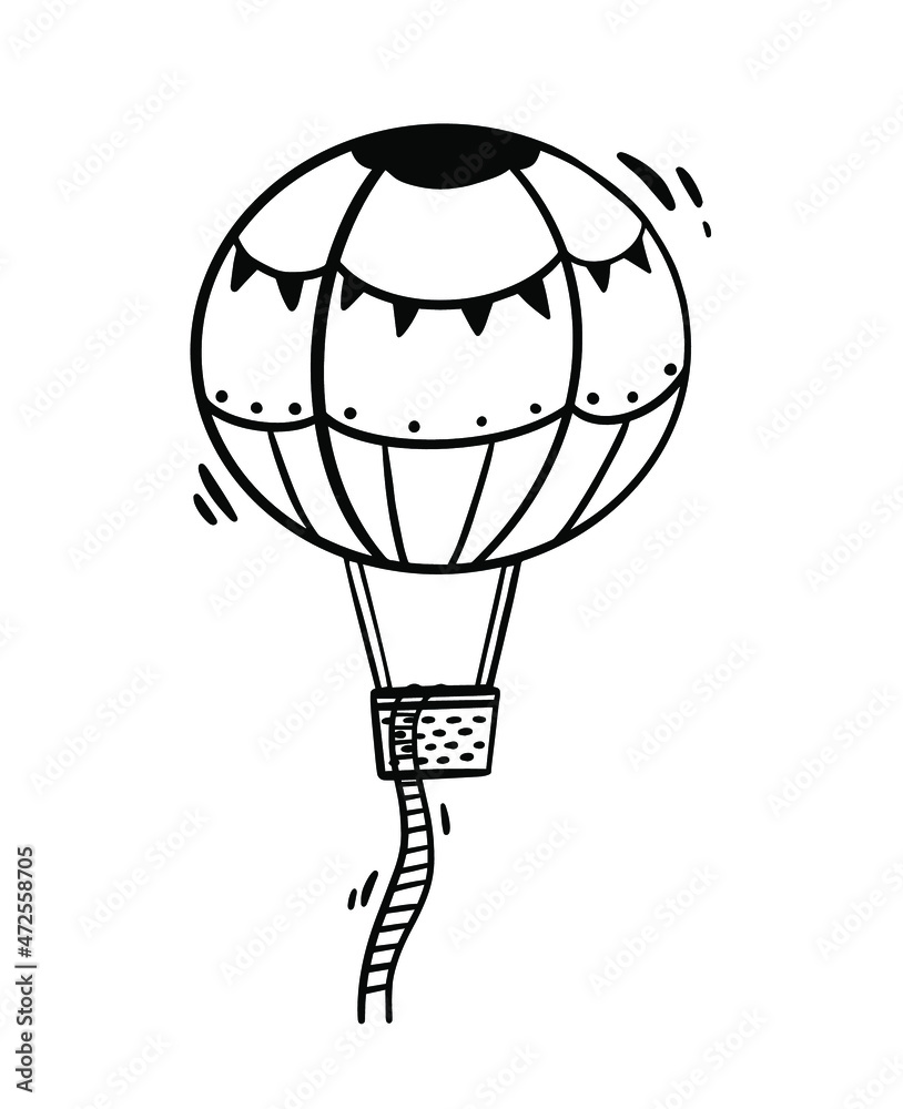 Obraz premium Hot air balloon flying with dream stairs cartoon vector illustration in black and white engraved style