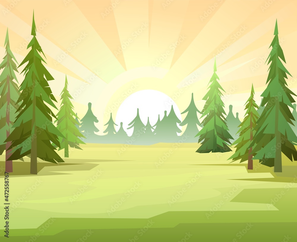 Pine forest in distance. Sun with rays. Morning or evening landscape in nature. Illustration in cartoon style flat design. Vector