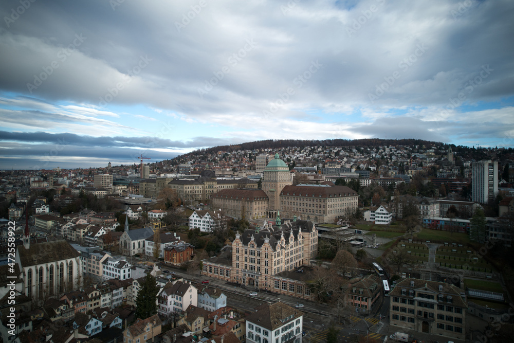 Aerial view of City of Zürich on a cloudy winter morning. Photo taken December 1st, 2021, Zurich, Switzerland.