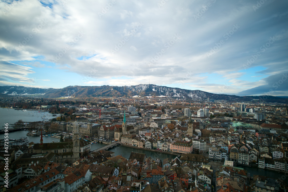 Aerial view of City of Zürich with river Limmat on a cloudy winter morning. Photo taken December 1st, 2021, Zurich, Switzerland.