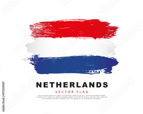 Netherlands flag. Freehand blue, white and red brush strokes. Vector illustration isolated on white background.