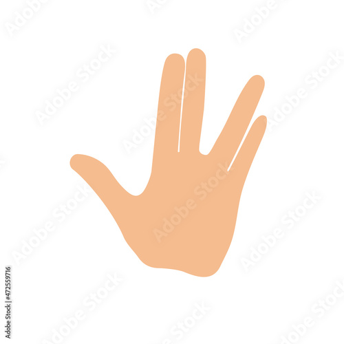 Raised hand with the thumb extended, while the fingers are parted between the middle and ring finger. Vulcan salute hand gesture. Wish Blessings for long life and prosperity