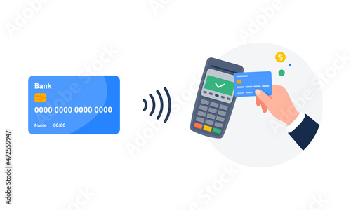 Making a transaction an electronic terminal or reader and paying by credit or debit card. Contactless payment system or technology, EMV chip payment method concept. Vector flat illustration.