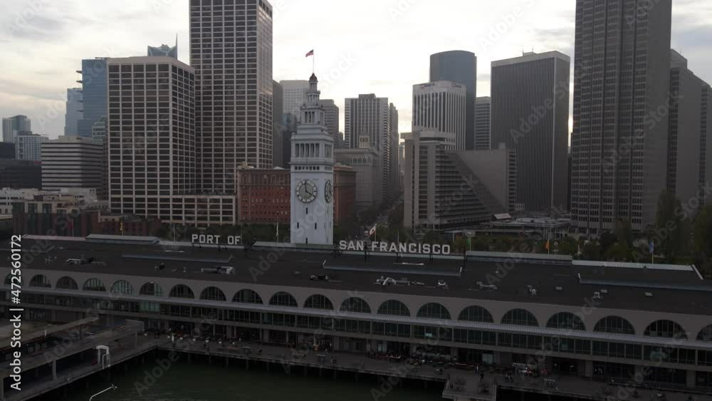 Aerial drone view towards the bell tower on the San Francisco Ferry Building, in USA Aerial drone view towards the bell tower on the San Francisco Ferry Building, in USA