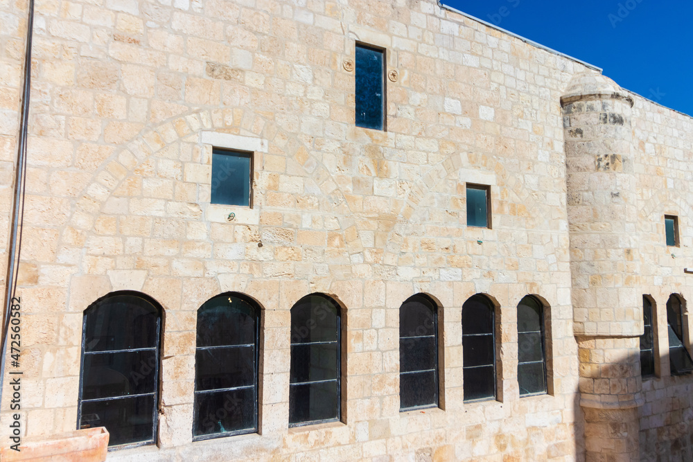  Exterior view of the building of the four ancient synagogues in the Jewish Quarter of Jerusalem, named after Rabbi Yochanan ben Zakkai and Eliyahu the Prophet