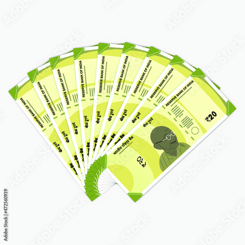 India new 20 rupee currency notes with white background 