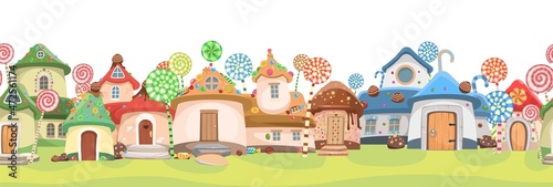 Candy street. Sweet caramel fairy house. Seamless horizontal Illustration in cartoon style flat design. Picture for children isolated on white background.. Vector