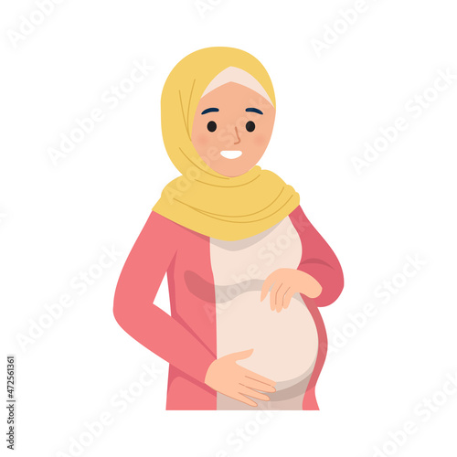 Happy pregnant Muslim woman holding her belly. Flat vector cartoon design