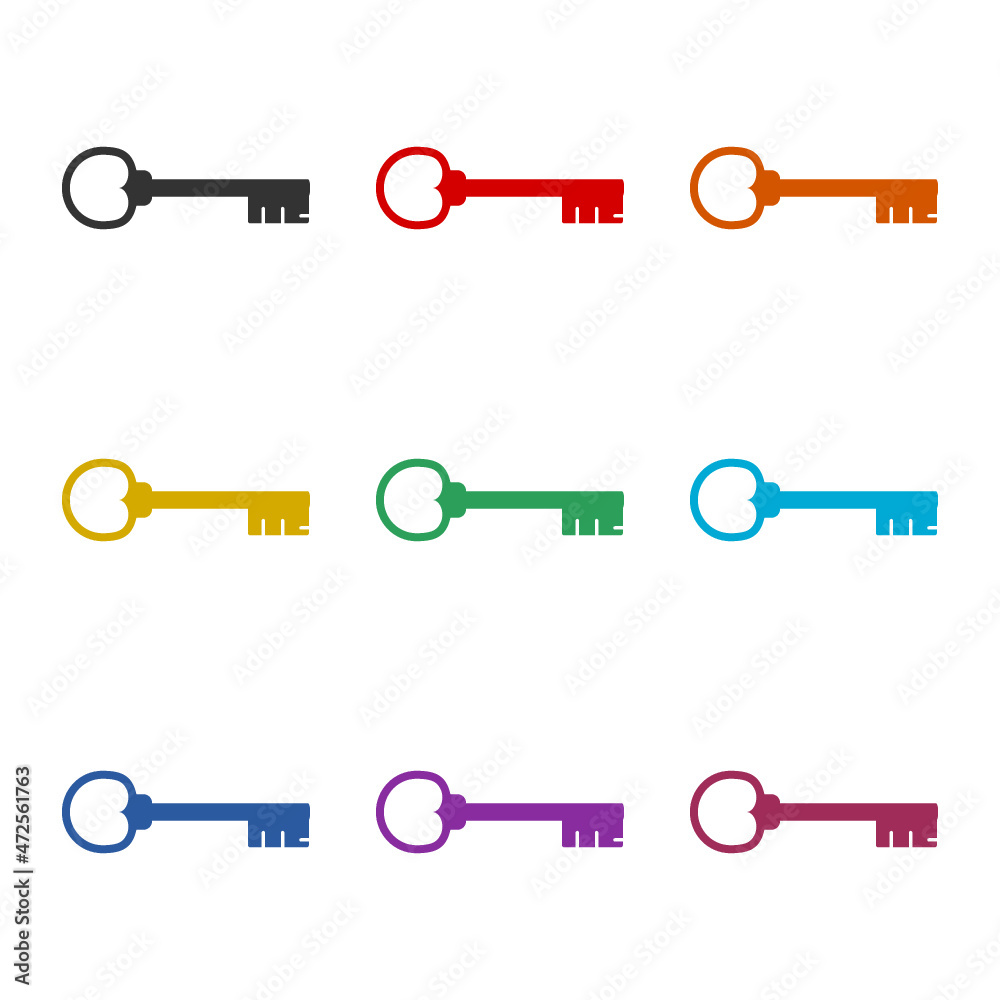 Old key icon isolated on black and white background, color set Old key icon isolated on black and white background, color set