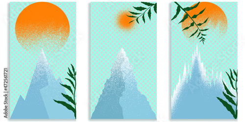 Social media editable covers with grainy effects . Snowed mountain peaks in sunset .Grunge design . Contemporary style . Post frame stories templates. Layout for promotion .Media banner .Vector