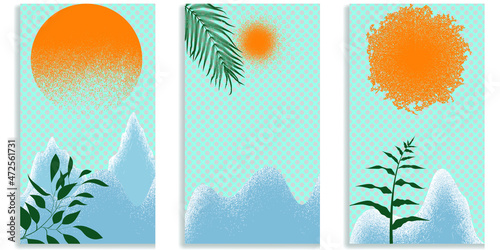 Social media editable covers with grainy effects . Snowed mountain peaks in sunset .Grunge design . Contemporary style . Post frame stories templates. Layout for promotion .Media banner .Vector