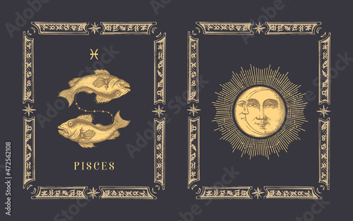 Pisces zodiac symbol, horoscope card in vector.