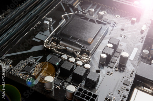 computer part motherboard with microchips