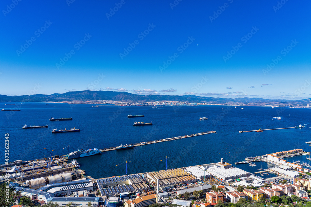 Panoramic view of the port of Gibraltar and the bay of Algeciras full of boats
