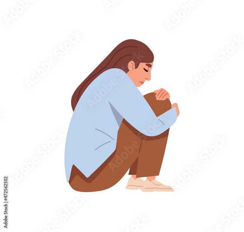 Sad depressed person in grief and despair. Unhappy upset woman in depression and frustration, sitting and hugging knees. Melancholy concept. Flat vector illustration isolated on white background