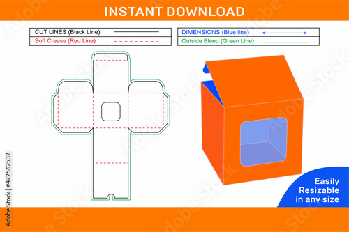 Square display cake box,Cardboard square cake box dieline template and 3d box resizeable vector file_Box dieline and 3D box photo