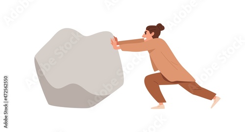 Business person pushing big stone, boulder. Persistence and ambition concept. Worker and heavy rock, struggling with problems, obstacles, and work hard. Flat vector illustration isolated on white