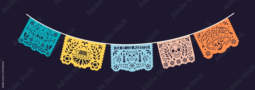 Mexican papel picado laces hanging on string. Mexico festive ornament for Dia de los Muertos means Day of Death and Dead. Banner with Hispanic pecked perforated flags. Colored flat vector illustration - obrazy, fototapety, plakaty 