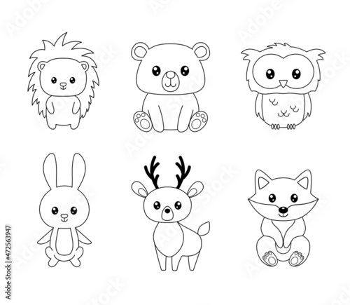 Coloring book or page for kids with forest animals. Woodland outline black and white vector illustration. Cute owl, bear, hedgehog, fox,deer, bunny isolated on white background