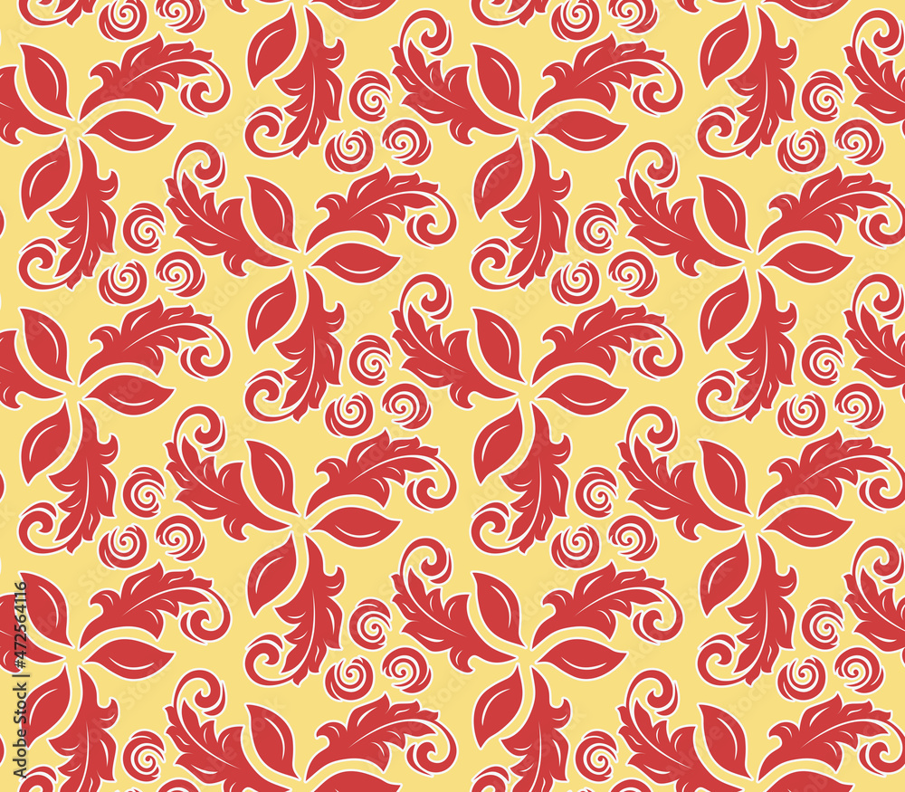 Floral vector ornament. Seamless abstract red and golden background with leaves. Pattern with red repeating floral elements. Ornament for fabric, wallpaper and packaging