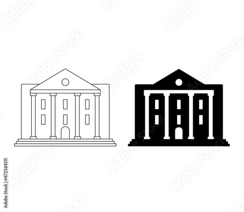 Black icon of bank or institute. Building of theater, library or public institution isolated on white background. Vector outline illustration