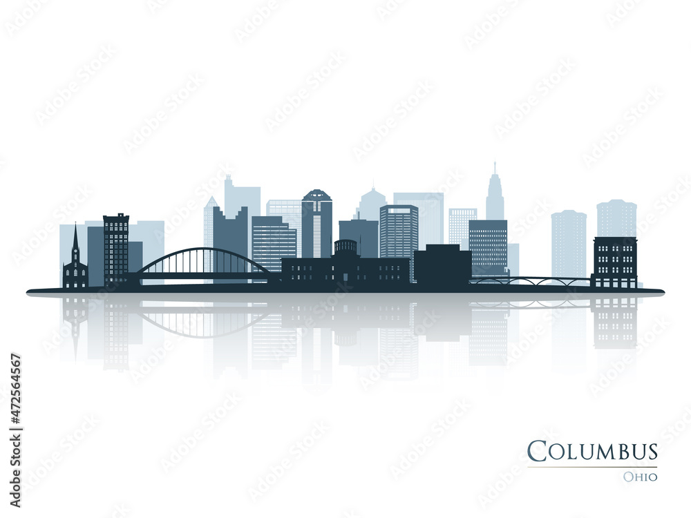 Columbus skyline silhouette with reflection. Landscape Columbus, Ohio. Vector illustration.
