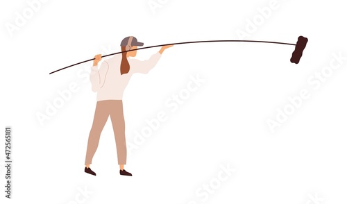 Boom operator holding long pole with microphone. Sound assistant with mic on handle at movie production. Professional audio recordist at work. Flat vector illustration isolated on white background