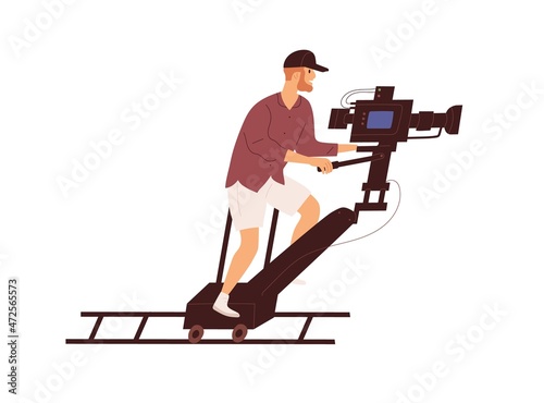 Cameraman shooting on tracking dolly system for zooming. Video operator and camera moving on rails during film-making. Film production technology. Flat vector illustration isolated on white background