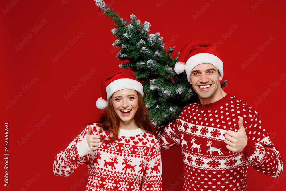 Young smiling fun couple friends two man woman 20s in sweater hat hold carrying fir-tree show thumb up isolated on plain red background. Happy New Year 2022 celebration merry ho x-mas holiday concept Young smiling fun couple friends two man woman 20s in sweater hat hold carrying fir-tree show thumb up isolated on plain red background. Happy New Year 2022 celebration merry ho x-mas holiday concept