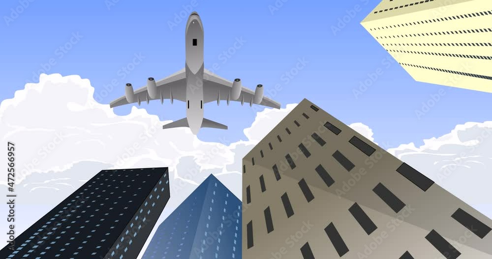 Jet plane flying above the urban buildings, view from below, 2d ...
