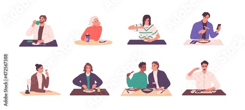 People eating food at tables set. Men and women having meal, breakfast, lunch and dinner. Characters with coffee, noodles, sushi and desserts. Flat vector illustrations isolated on white background